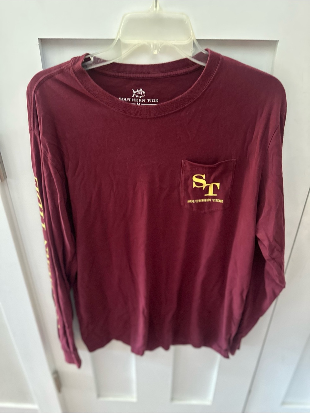 Southern Tide Maroon Long Sleeve Pocket Tee with Yellow Logo